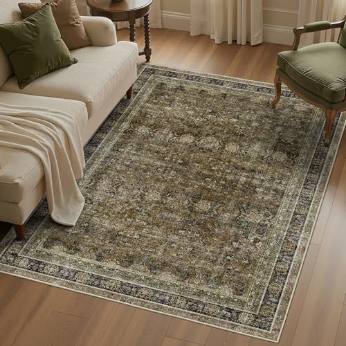 WITSHOCK 6x8 Area Rugs for Living Room - Washable Vintage Rug Retro Antique Traditional Large Non Slip Low Pile Soft Boho Indoor Floor Carpet for Bedroom Dining Room Home Decor, Brown Olive Green - color: Brown/Olive Green/Purple, size: 6' x 8' (Rectangul