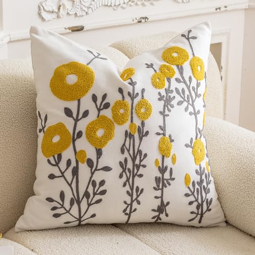 vctops Boho Floral Tufted Decorative Throw Pillow Cover Botanical Embroidered Cotton Cushion Cover for Couch Sofa Bed (Flower C,18"x18") - color: Flower C, size: 18" x 18" (Pack of 1)
