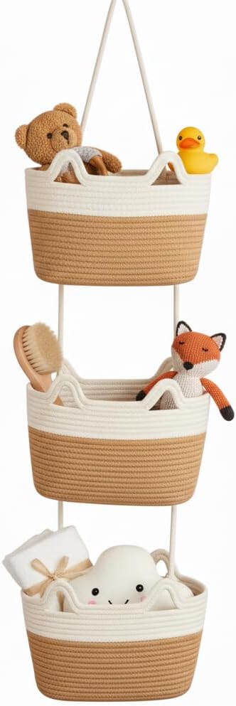 Hanging Wall Basket, Over the Door Hanging Basket with Hooks, Decorative Hanging Basket for Wall, Door, Nursery, Living Room, Bathroom, Cat-Like Design for Boho Decor, White & Jute