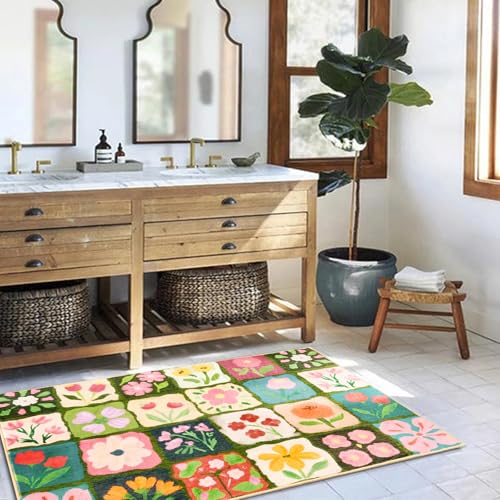 Vintage Floral Bathroom Rugs Non Slip, Thin Spring Country Colorful Flowers Botanical Indoor Doormat Washable, Cute Boho Aesthetic 2x3 Small Area Rugs for Kitchen Bedroom Laundry Entryway - color: Multicolored, size: 2‘x3'