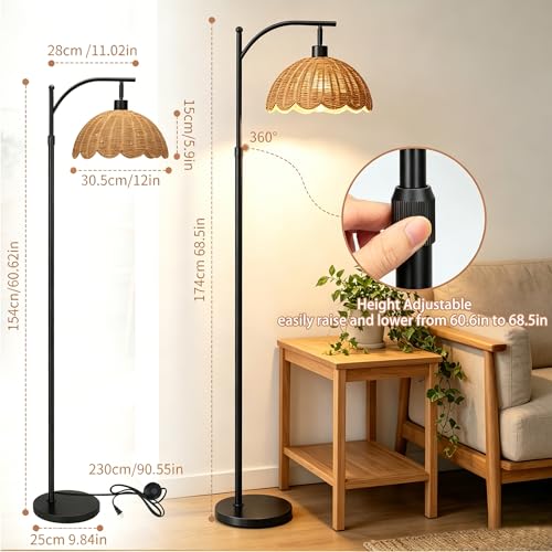 Arc Floor Lamp for Living Room, Boho Floor Lamps with Hand-Woven Rattan Flower Shade, Farmhouse Standing Lamp with Remote & 3 Color Temp Bulb, Height Adjustable Tall Lamp for Bedroom Office Corner - color: Black