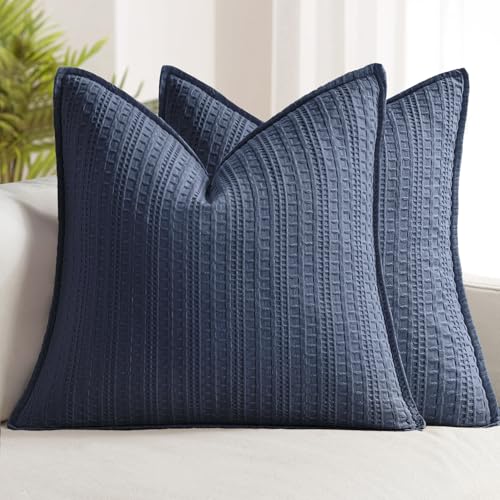Set of 2 Decorative 100% Cotton Waffle Euro Sham Pillow Covers 24x24, Neutral Throw Pillows Weave European Cushion Cases for Couch Sofa Bed Modern Farmhouse Home Decor, Navy Blue - color: Navy Blue, size: 24" x 24" (Pack of 2)