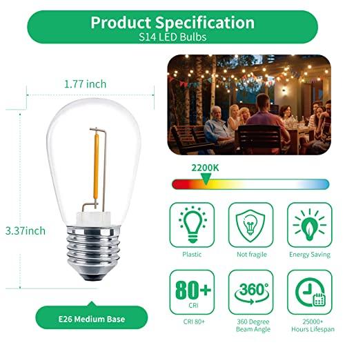 Meconard 30 Pack S14 Edison String Light Bulbs, 1 Watt Replacement Bulbs for Outdoor String Lights, Low Wattage Shatterproof LED Filament Patio Bulbs, E26 Medium Base, 2200K Warm White, Non-Dimmable - color: Warm White, size: 30 Count (Pack of 1)