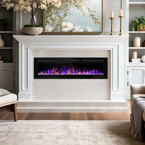 BETELNUT 60" Electric Fireplace Wall Mounted and Recessed with Remote Control, 750/1500W Ultra-Thin Wall Fireplace Heater W/Timer Adjustable Flame Color and Brightness, Log Set & Crystal Options - size: 60 Inch