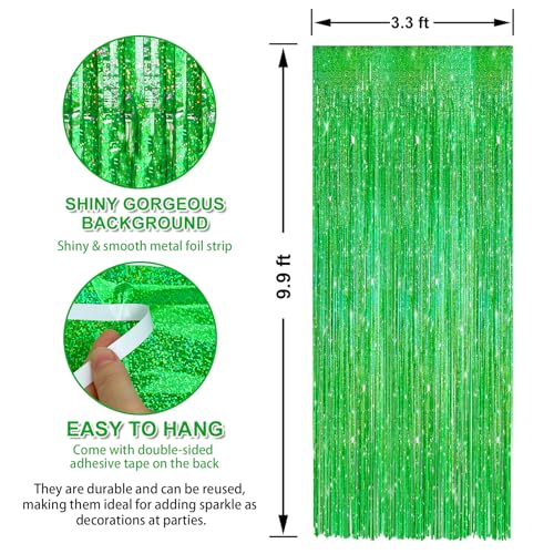 Crosize 2 Pack 3.3 x 9.9 ft Laser Green Foil Fringe Curtains Party Decorations,Tinsel Curtain Backdrop for Parties, Door Streamers, Glitter Streamer Backdrop for Birthday Decoration - color: Laser Green, size: 2 Pack