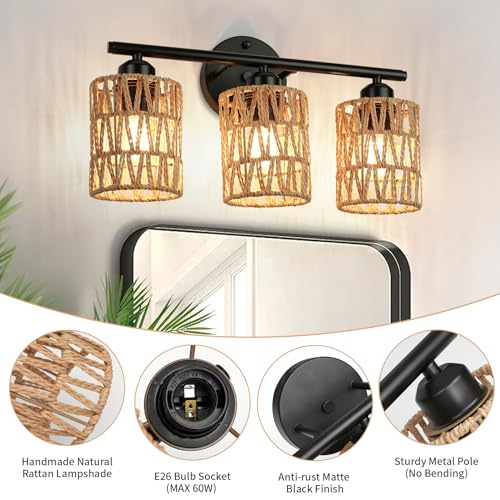 Frideko 3-Light Bathroom Vanity Light Fixtures, Modern Rattan Bathroom Lighting Fixtures Over Mirror, Boho Wall Sconces with Woven Lampshade, Black Wall Lamp for Farmhouse Living Room Bedroom