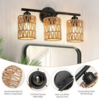 Frideko 3-Light Bathroom Vanity Light Fixtures, Modern Rattan Bathroom Lighting Fixtures Over Mirror, Boho Wall Sconces with Woven Lampshade, Black Wall Lamp for Farmhouse Living Room Bedroom