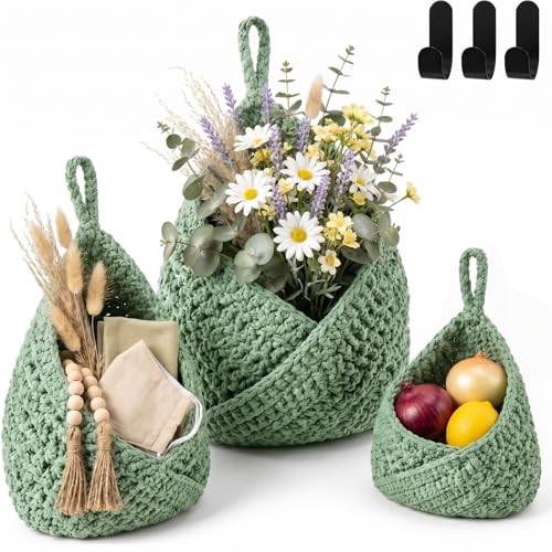 Honeydak Boho Decor Hanging Wall Baskets for Kitchen 3 Pack Teardrop Baskets with Hooks Storage Fruit Onion Vegetable Potato for Home 3 Sizes(Sage Green,Triangle,Cotton Rope) - color: Sage Green, size: Cotton Rope, style: Triangle