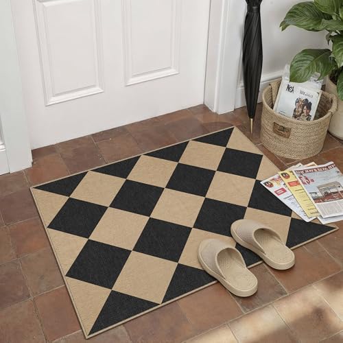 PureCozy 2x3 Checkered Easy Jute Kitchen Front Doormat Non Slip Washable Neutral Area Rug Diamond Non Shedding Low Pile Black Checkerboard Floor Carpet for Farmhouse Entryway Porch Doorway - color: Black|checkerboard-1, size: 2' x 3' (Rectangular)