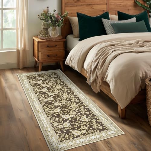 Brown Runner Rugs 2x6 for Hallway Kitchen Bedroom Beside Laundry Room Bathroom Rug Boho Modern Washable Non Slip Low Pile Stain Resistant Soft Long Carpet Mat Brown Cream Beige Floral Pattern - color: Sketch Floral Brown, size: 2' x 6' (Rectangular)