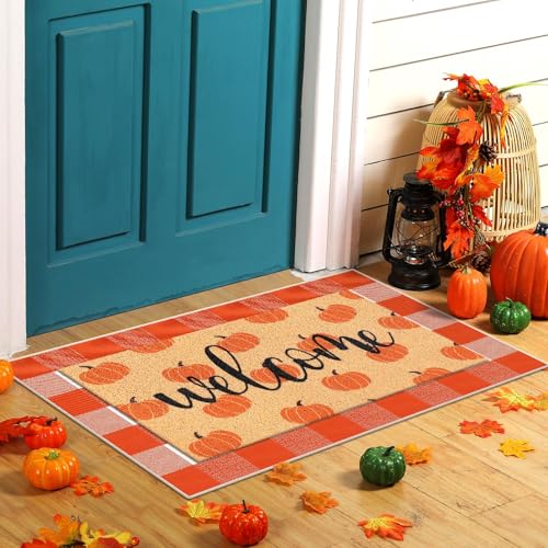 Moucuny 2 Pcs Fall Doormat Pumpkin Welcome Door Mat Outdoor Autumn Non Slip Coir Front Door Mat Orange and White Plaid Checked Rug for Fall Thanksgiving Indoor Outdoor Porch Entrance Layering Decor - style: Pumpkin