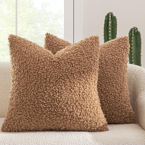 MIULEE Pack of 2 Throw Pillow Covers 18x18 Inch Brown Faux Fur Decorative Sherpa Pillow Covers Fuzzy Accent Soft Sheepskin Fleece Cushion Cases for Boho Home Decor Couch Living Room Bed - color: Brown, size: 18" x 18" (Pack of 2)