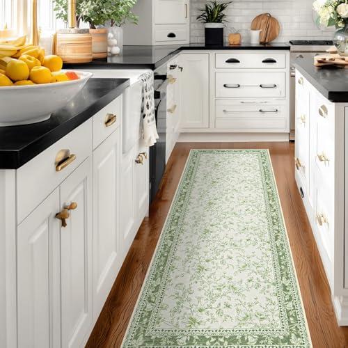 Sage Green Runner Rug 2x6 for Hallways, Non-Slip Washable Kitchen Runner Vintage Boho Farmhouse Floral Sketch Printed Rug Floor Carpet for Laundry Bedroom Entryway Green Cream Beige Flower Design - color: Sketch Floral Sage Green, size: 2' x 6' (Rectangul