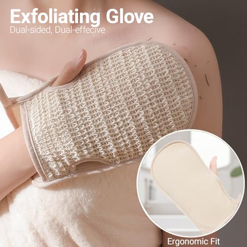 3 Pack Exfoliating Body Scrubber Set – Shower Gloves, Natural Back Scrubber Strap & Bath Pouf Sponge – Jute Cotton Blend Wash Mitt for Full Body Shower Routine & Daily Skin Care