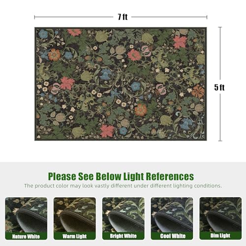 Floral Area Rug 5x7 for Living Room, Washable Vintage Farmhouse Botanical Rug, Non Slip Low Pile Thin Floor Carpet, Soft Decorative Rug for Bedroom Dining Room Home Office Black Green - color: Black, size: 5'x7'