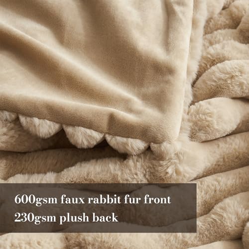 Amélie Home Faux Fur Throw Blanket for Couch, Cozy Fuzzy Fluffy Fur Luxurious Soft Striped Plush Gift Blankets for Family Sofa Chair Bedroom, 55"x70", Beige - color: Striped Beige, size: Throw(55"x70")