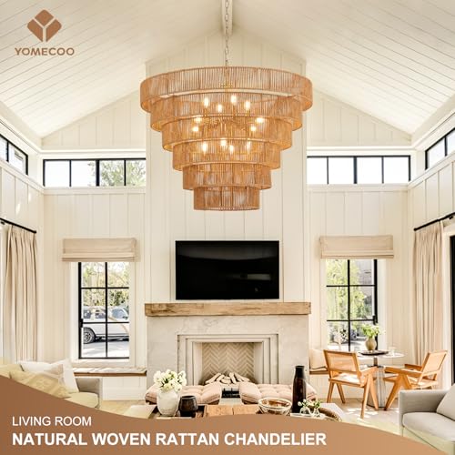 31.49" Large Rattan Gold Chandelier for Dining Room, Farmhouse 12-Lights Boho Hand-Woven Bamboo Chandelier, Drum Wicker Golden Chandeliers for Kitchen Island, Living Room, Bedroom - color: Gold 31IN