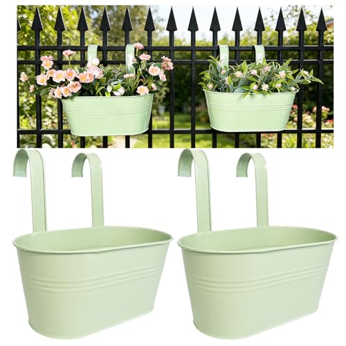 Balcony Hanging Planters Flower Pots, 10" Metal Flower Pots for Outdoor Balcony Rails, Fence Pot Hanging Plant Holders with Detachable Hooks for Garden Patio Yard Decor (Mint Green, 2Pcs) - color: Mint Green