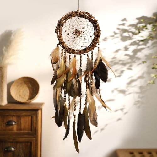 Dream Catcher Native American Boho Dreamcatcher Rattan Wall Decor, Handmade Natural Goose Feathers Brown Golden Beaded Hanging Ornament Indian Decor for Bedroom Living Room (Dark Brown) - color: Dark Brown