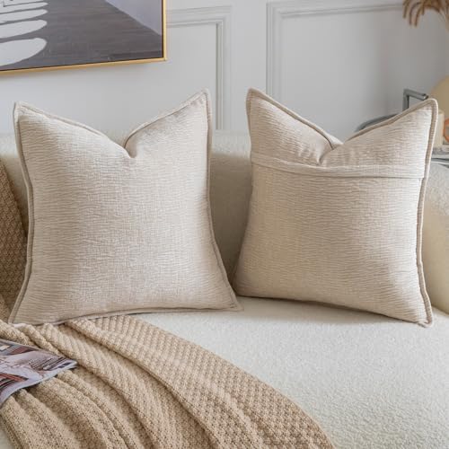 MADIZZ Pack of 2 Decorative Throw Pillow Covers Soft Chenille Throw Pillows Solid Textured Cushion Covers for Couch Sofa Bedroom Living Room 18x18 Inch, Beige - color: Beige, size: 18" x 18" (Pack of 2)