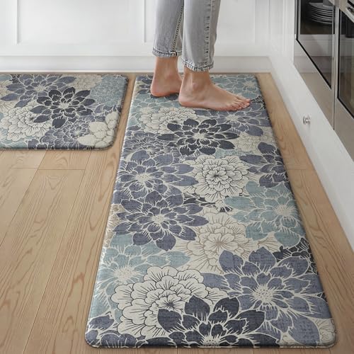 GENIMO Kitchen Mats for Floor, Kitchen Rugs Non Slip Washable Sets of 2, Waterproof Cushioned Anti Fatigue Mat, Floral Runner Rug for Laundry, Sink, Office, Home, 17.3"x47"+17.3"x30", NavyBlue - color: Navy Blue, size: 17.3"x47"+17.3"x30"