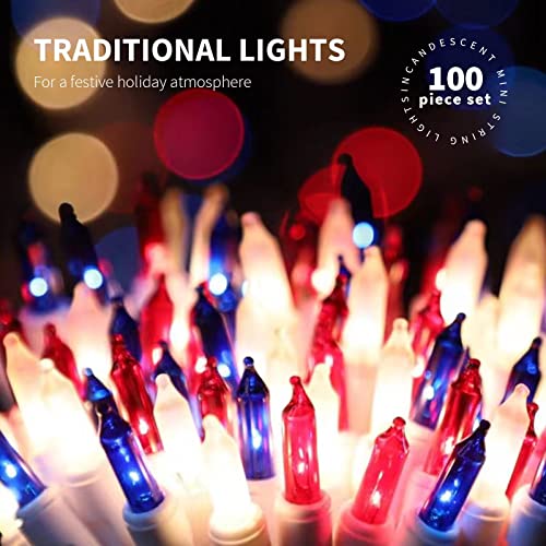 100LIGHTS RED White and Blue Extra-Bright with End Connectors 4th July Decoration Patriotic Mini String Lights 5.98m UL Certified Waterproof for Home Garden Holiday Tree Party Patio - color: White Wire Red&White&Blue, size: 100 COUNT-1PACK