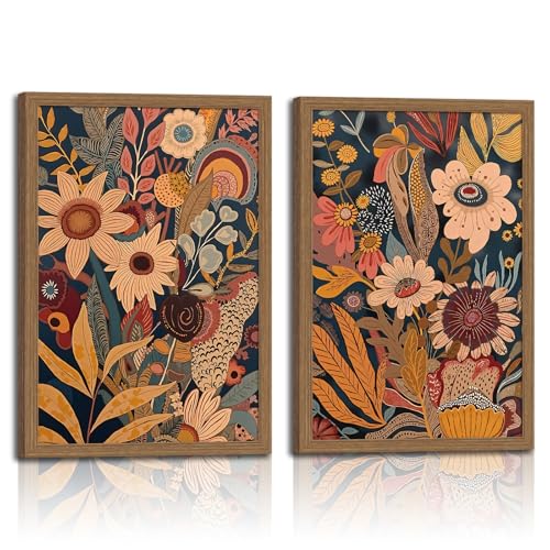 2pcs Orange Flower Framed Canvas Wall Art Set Rural Bohemian Natural Style Canvas Painting Mid Century Modern Floral Botanical Wall Deco For Living Room,Bedroom,Office 16x24in - color: Orange flowers, size: 16x24in