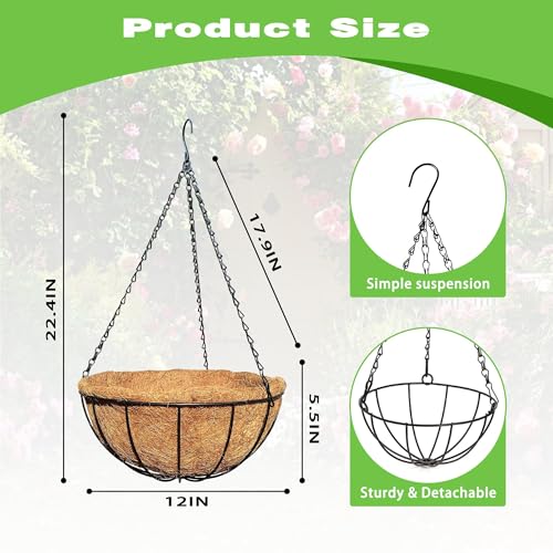 2 Pack 12 Inch Black Metal Hanging Basket Hanging Planter with Coco Coir Liner Heavy Duty Hanging Flower Pot Holder for Indoor Outdoor Patio Garden Porch Balcony Decor (Watermelon) - color: Watermelon