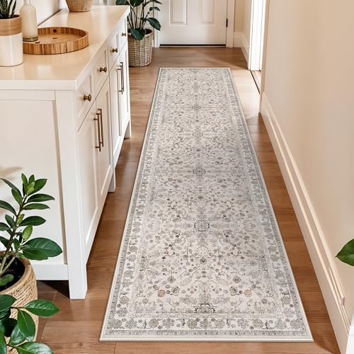 2x10 ft Hallway Runner Rug Washable – Boho Floral Non Slip Long Carpet Runner for Kitchen Entryway Bedroom Living Room, Soft Low-Pile Thin Floor Area Rug (Beige, 2x10) - color: Beige, size: 2' x 10' (Rectangular)