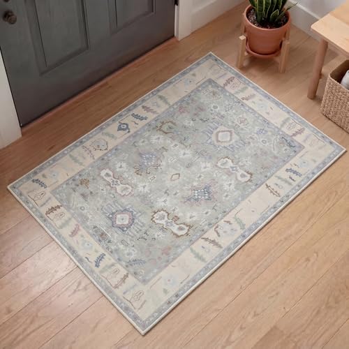 Kuden 2x3 Small Rug, Machine Washable, Non-Slip Backing, Vintage Style, Soft, Low Pile, Area Rugs for Entryway Kitchen Indoor Entrance - color: Aqua Green / Cream, size: 2' x 3' Rectangular