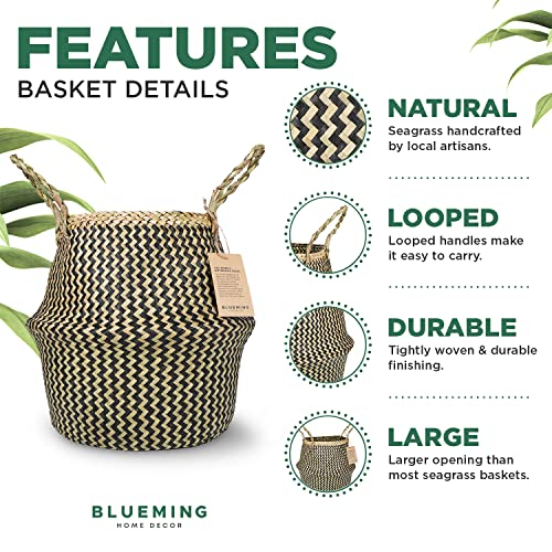 Blueming Home Wicker Plant Basket – Large Seagrass Floor Pot for Faux Olive Tree or Snake Plant, Black Decorative Woven Indoor Planter for 9-10 Inch (Black, Large) - color: Black, size: Large