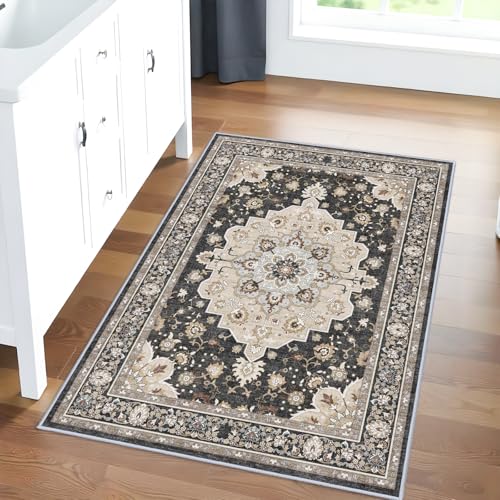 Washable 2x3 Entryway Area Rug: Vintage Non-Slip Backing Rugs for Kitchen Bathroom Water Resistant Carpet for Bedroom Soft Low Pile Front Door Mat for Dining Room 2x3 Black - color: Black, size: 2' x 3' (Rectangular)