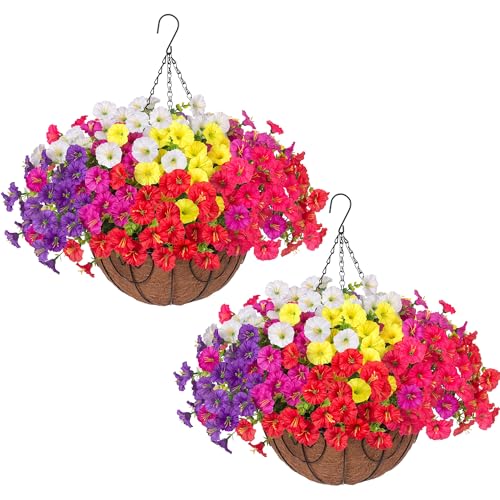 2 Set Artificial Hanging Flowers Fake Plants Baskets for Outdoors Spring Decor , 24 Pcs UV Resistant Faux Morning Glory with 2 Hanging Planters Realistic Silk Flowers for Outside Porch Patio Outdoor - color: 6 Multicolor