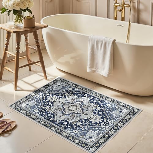 2x3 Blue Waterproof Entry Rug - Non-Slip Washable Mat Low Pile Boho Farmhouse Doormat for Bathroom, Kitchen, Entryway - Small Area Indoor Carpet, Vintage Modern Easy Clean Floor Mat, Navy Blue Multi - color: Navy Blue& Multi, size: 2' x 3' (Rectangular)