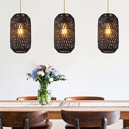Ruzectt Pendant Light Fixtures Black Rattan Pendant Lights for Kitchen Island with 72in Adjustable Golden Cotton Cord, Farmhouse Wicker Basket Light Fixture for Living Room (Black-A) - color: Black-A