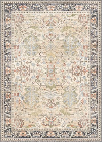 Bavni 5x7 Washable Area Rug Clearance for Living Room Rug Bedroom, Non-Slip, Boho Vintage Rugs Chenille Printed Low Pile for Dinning Room Homeoffice, Ivory/Teal - color: Ivory/Teal, size: 5' x 7' (Rectangular)