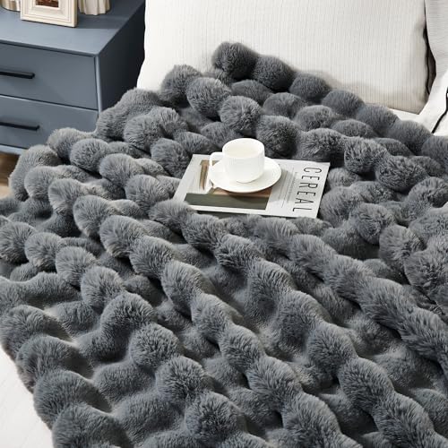 JONIYEAR Solid Thick Bubble Faux Rabbit Fur Throw Blanket 50" x 60", Decorative Bumpy Cute Cozy Fluffy Gray Warm Blanket for Winter,Reversible Luxe Fuzzy Textured Poofy Comfy Shag Furry Blankets, Grey - color: Grey - 900gsm, size: Travel/Throw Size - 50"
