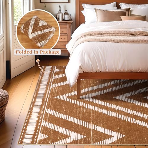 Boho Washable Area Rugs 6x9ft, Moroccan Soft Brown Living Room Nursery Rugs Non Slip, Low Pile Large Bedroom Floor Carpets for Dining Room Bathroom Office Farmhouse - color: Brown, size: 6' x 9' (Rectangular)