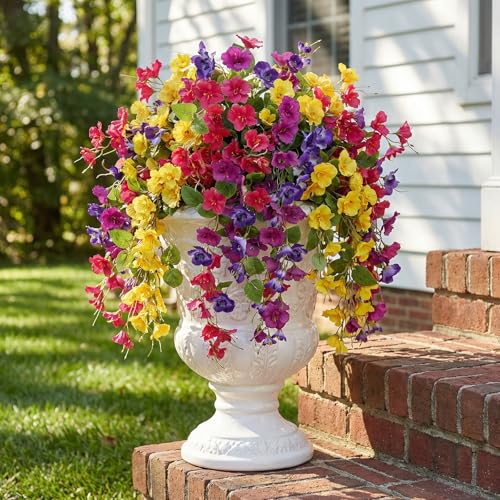 6Pcs Artificial Hibiscus Fake Hanging Flowers, Silk Faux Flowers for Outdoor Planters, UV Resistant Artificial Outdoor Plants for Hanging Baskets, Porches, Patios Decorations (Purple + Red+Yellow) - color: Purple + Red+yellow