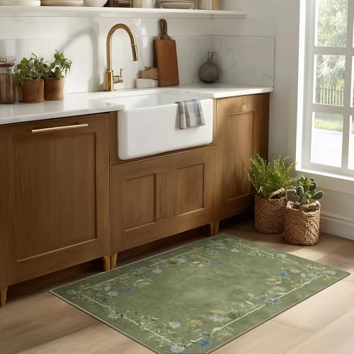 2x3 Small Area Rugs for Entryway: Machine Washable Door Mat Indoor Entrance Stain Resistant Non Slip Rubber Backed Low Pile Soft Throw Rugs for Bedroom Kitchen Front Door Indoor Entrance Foyer Entry - color: Edge Floral Green, size: 2' x 3' (Rectangular)