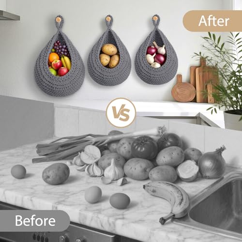 Hanging Fruit Baskets for Kitchen, 3 Pack Boho Cotton Rope Handwoven Vegetable Storage Wall Mounted Large Organizing Basket for Farmhouse Decor, Onion, Potato, Garlic and Plants - color: Grey
