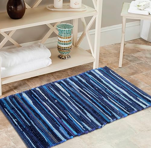 Cotton Hand Woven Chindi Rug 2x3 Feet - Navy, Durable Rectangular Small Doorway Space Rag Rugs Ideal for Entryway, Kitchen, Bedroom, Balcony | Blue Accent Reversible Floor Throw Carpet for Office - color: Navy, size: 2 x 3 feet