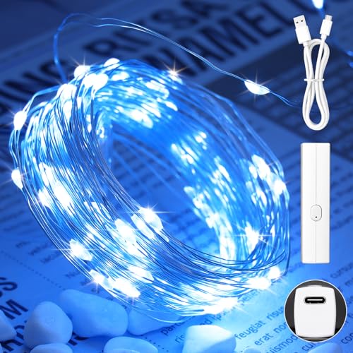 Lakumu 33FT(10M) Blue Fairy Lights, Rechargeable Battery Operated LED String Lights with Timer, 8 Modes Waterproof Twinkle Lights for Bedroom Christmas Wedding Centerpiece Table Decor - color: Blue, size: 33FT