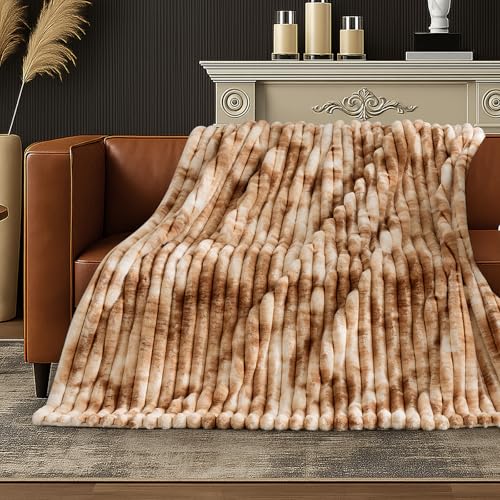 Amélie Home Faux Fur Throw Blanket for Couch, Cozy Fuzzy Fluffy Fur Luxurious Soft Striped Plush Gift Blankets for Family Sofa Chair Bedroom, 55"x70", Tie-dye Khaki - color: Striped Tie-dye Kahki, size: Throw(55"x70")