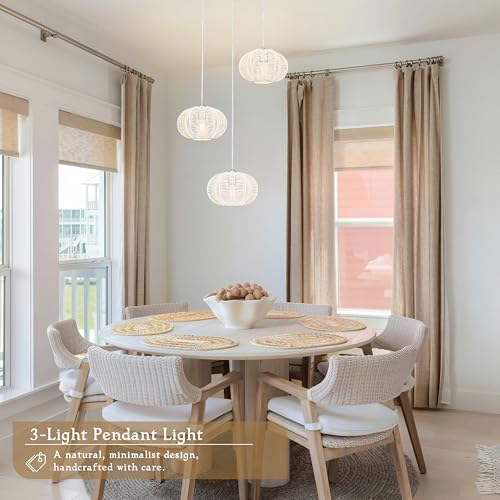 12" Boho White 3-Light Boho Chandeliers for Kitchen Island Hand-Woven Boho Rattan Chandeliers Dimmable Adjustable Hanging Wicker Chandelier for Dining Room Living Room （Bulb Incl.） - color: 11.8" White 3-Light