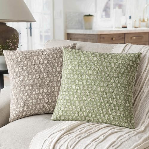 Foindtower Set of 2 Decorative Vintage Floral Print Throw Pillow Covers Neutral Modern Farmhouse Cushion Covers Boho Home Decor for Sofa Chair Couch Bedroom Living Room Outdoor,18×18 Inch,Lime Green - color: Lime Green, size: 18" x 18" (Pack of 2)