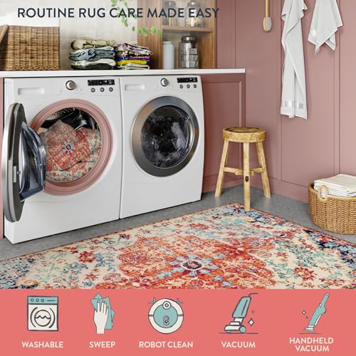 Lahome Bohemian Floral Medallion Runner Rug - 2x4 Washable Laundry Room Hallyway Runner Rug Doormat,Oriental Distressed Faux Wool Non-Slip Bath Mat Low-Pile Carpet for Kitchen Bathroom Entryway,Orange - color: Orange/Multi, size: 2' x 4' (Runner)