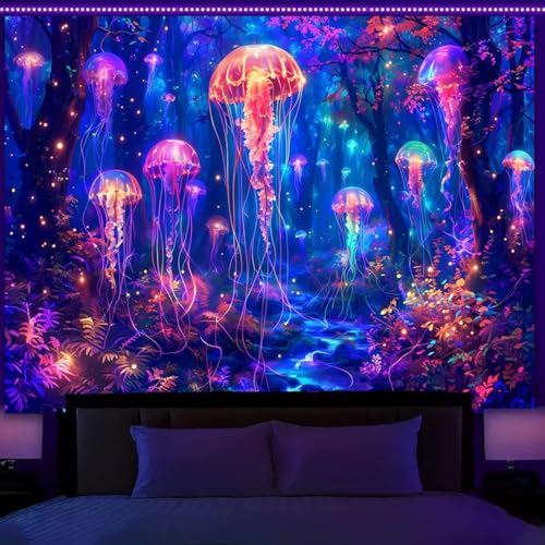 Simpkeely Blacklight Jellyfish Forest Tapestry, UV Reactive Fantasy Vibrant Neon Art Decor, Glow in The Dark Aquatic Life Wall Hanging Tapestries for Bedroom, Living Room - 70.9" x 90.6" - color: Jellyfish, size: 90.6"L x 70.9"W