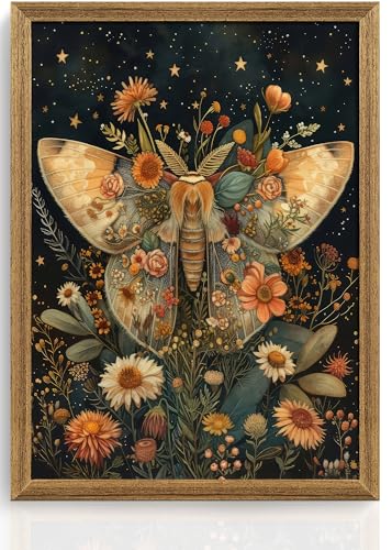 ICHZUMW Dark Cottagecore Room Decor, William Morris Moth Floral Print, Boho Witchy Mystical Home Decor, Goblincore Botanical Wall Art, Dark Academia Canvas for Bathroom Bedroom, 12x16in - color: Moth, size: 16"L x 12"W