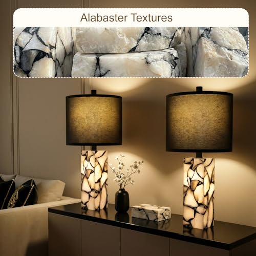 Scenekoy 23" Alabaster Table Lamps Set of 2 with Night Light for Living Room, Rotary Switch, Black Modern Table Lamp with Black Linen Shade, Nightstand Lamp for Bedroom Bedside Office (Bulb Included) - color: Black